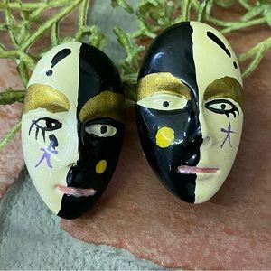 Vintage Womens Fashion Hand Painted 3D Faces Post-Back Wearable Art.